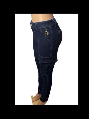 Baby Phat Dark Blue Slim Cargo Jeans with Gold Embroidery